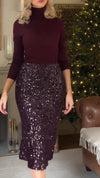 Women Turtleneck Knitted Top + Sequin Skirt Casual Set