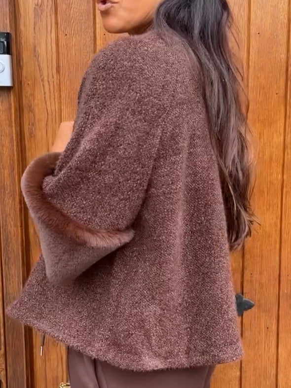 Women Round Neck Button-down Sleeve Plush Design Casual Jacket