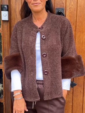 Women Round Neck Button-down Sleeve Plush Design Casual Jacket