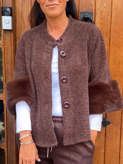 Women Round Neck Button-down Sleeve Plush Design Casual Jacket