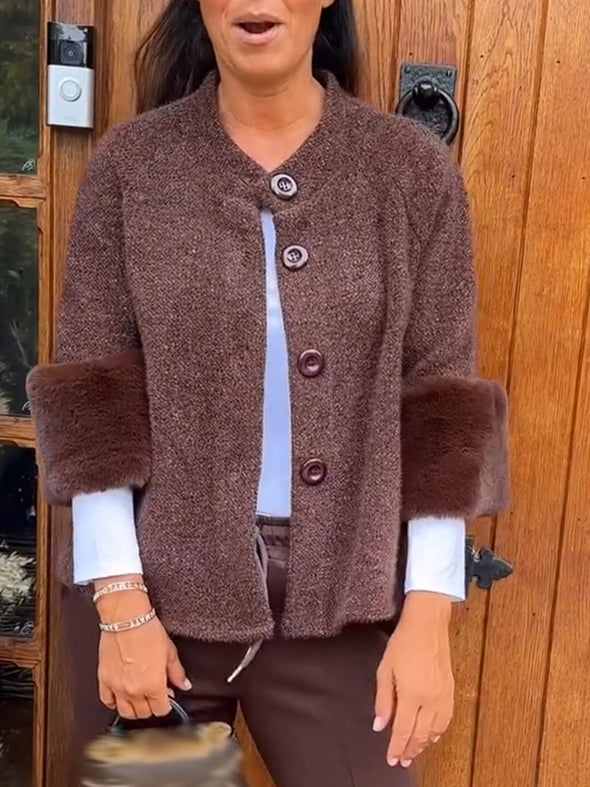 Women Round Neck Button-down Sleeve Plush Design Casual Jacket