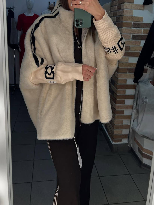 Women Stand Collar Plush Printed Casual Coat