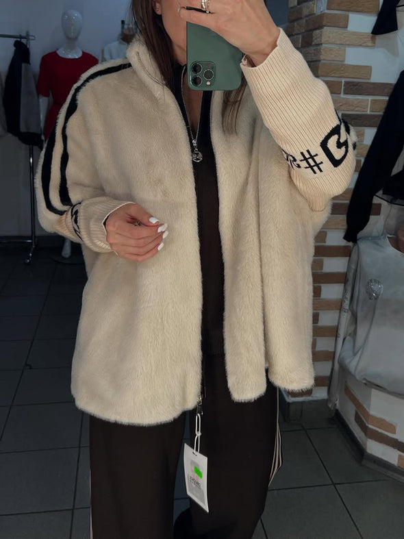 Women Stand Collar Plush Printed Casual Coat