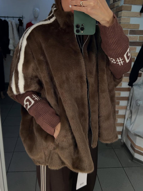 Women Stand Collar Plush Printed Casual Coat