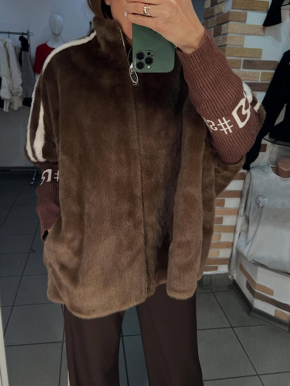 Women Stand Collar Plush Printed Casual Coat