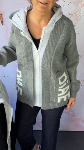 Women Round Neck Hooded Patchwork Knitted Fake Two-piece Casual Coat