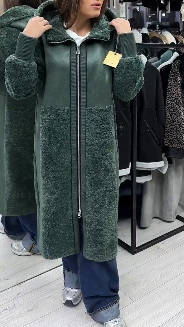 Women Hooded Spliced Plush Casual Long Coat