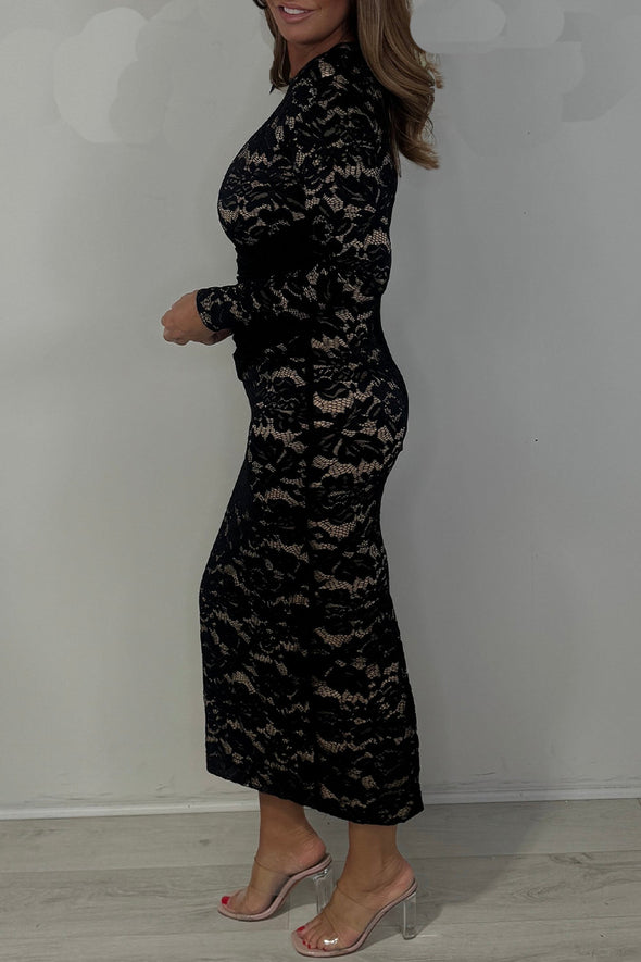 Women Round Neck Printed Waist Elegant Casual Dress