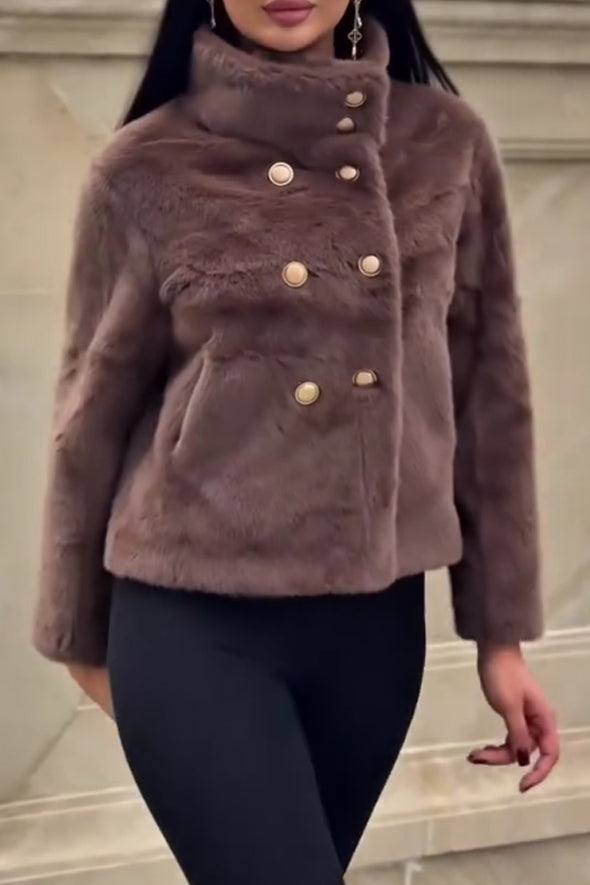 Women Casual Warm Double-Breasted Turtleneck Plush Short Jacket