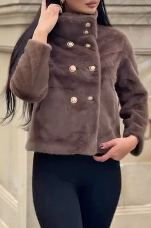 Women Casual Warm Double-Breasted Turtleneck Plush Short Jacket