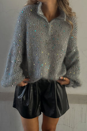 Women Casual Turtleneck Metal Zipper Sequined Sweater