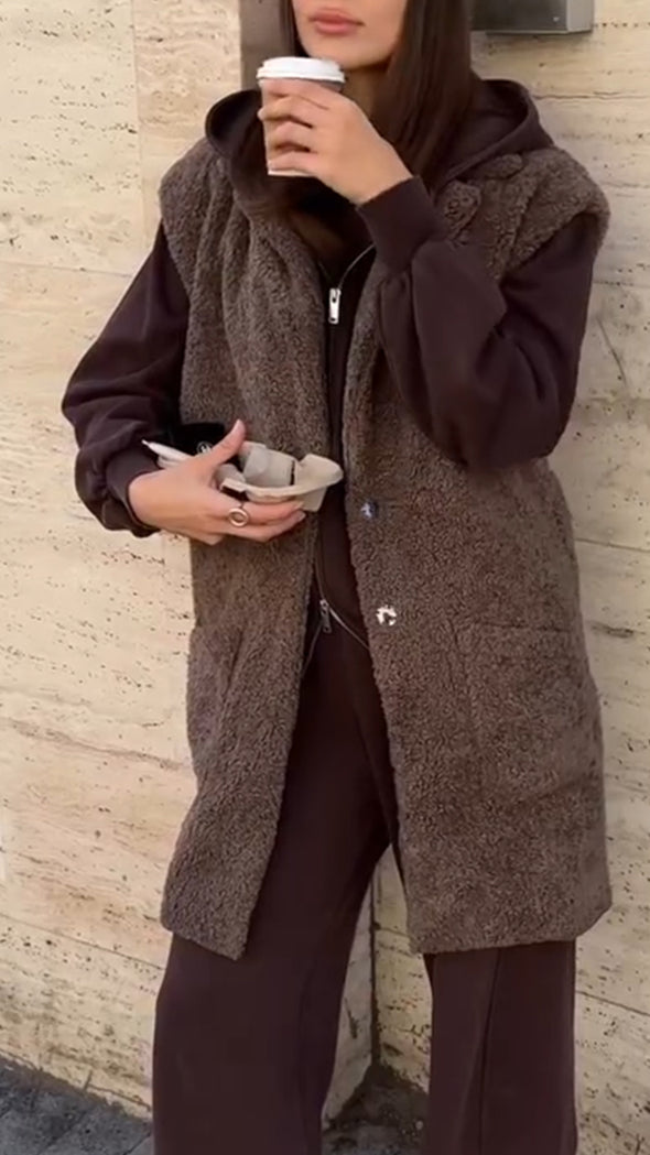 Women Lapel Plush Casual Long Vest