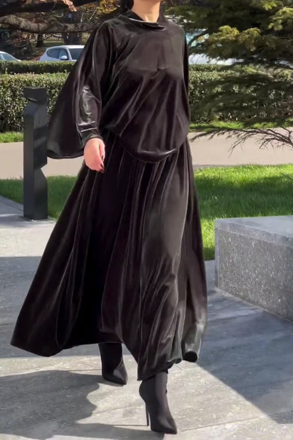 Women Casual Velvet Turtleneck Loose Top + Skirt Suit