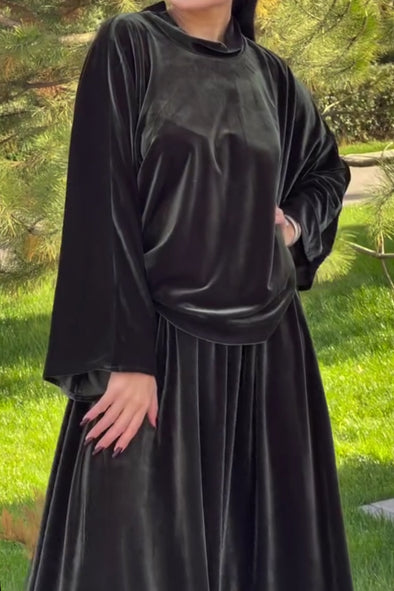 Women Casual Velvet Turtleneck Loose Top + Skirt Suit