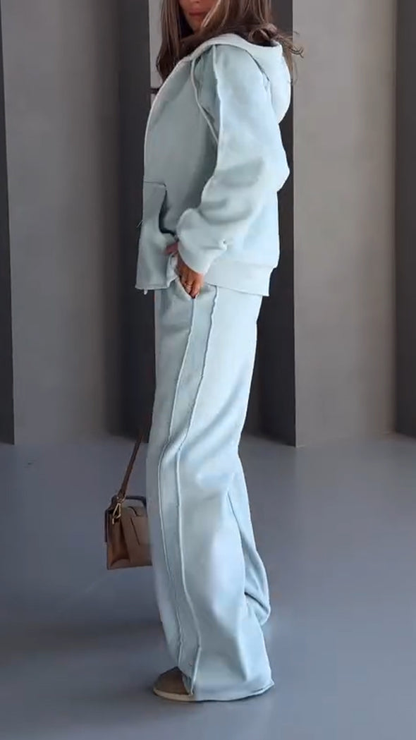 Women Round Neck Hooded Jacket + Pants Casual Suit