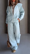 Women Round Neck Hooded Jacket + Pants Casual Suit