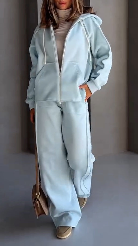 Women Round Neck Hooded Jacket + Pants Casual Suit
