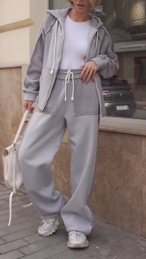 Women Round Neck Hooded Jacket + Pants Splicing Casual Suit