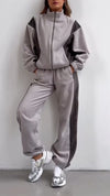 Women Stand Collar Zipper Contrasting Jacket + Pants Casual Set