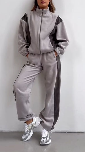 Women Stand Collar Zipper Contrasting Jacket + Pants Casual Set