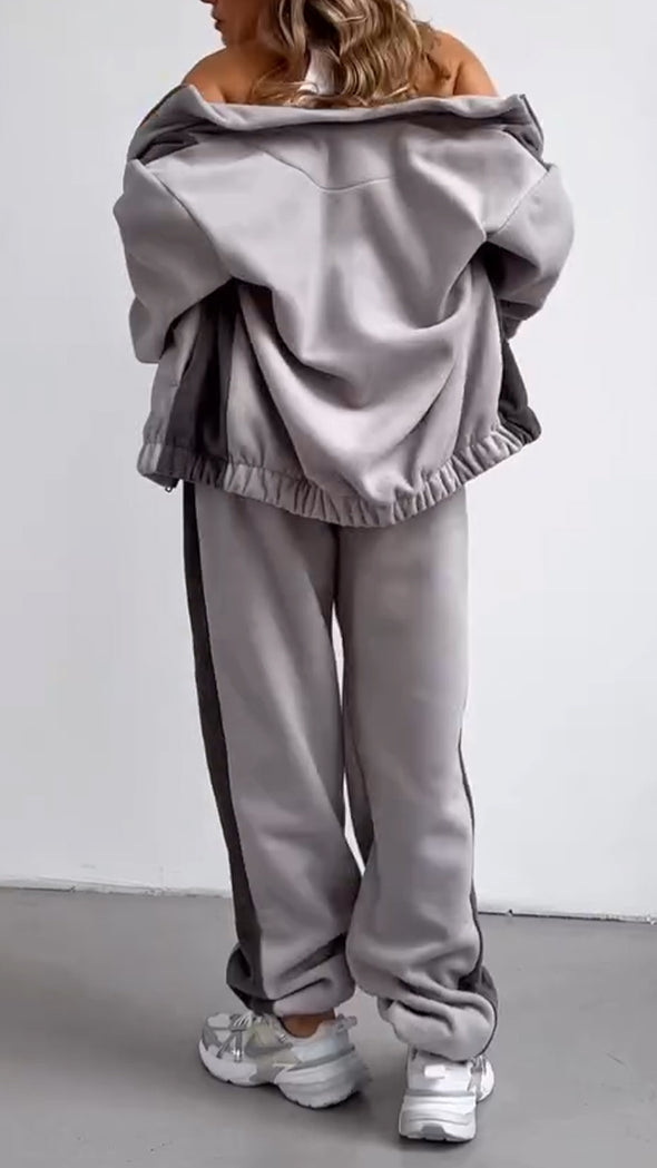 Women Stand Collar Zipper Contrasting Jacket + Pants Casual Set