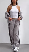 Women Stand Collar Zipper Contrasting Jacket + Pants Casual Set