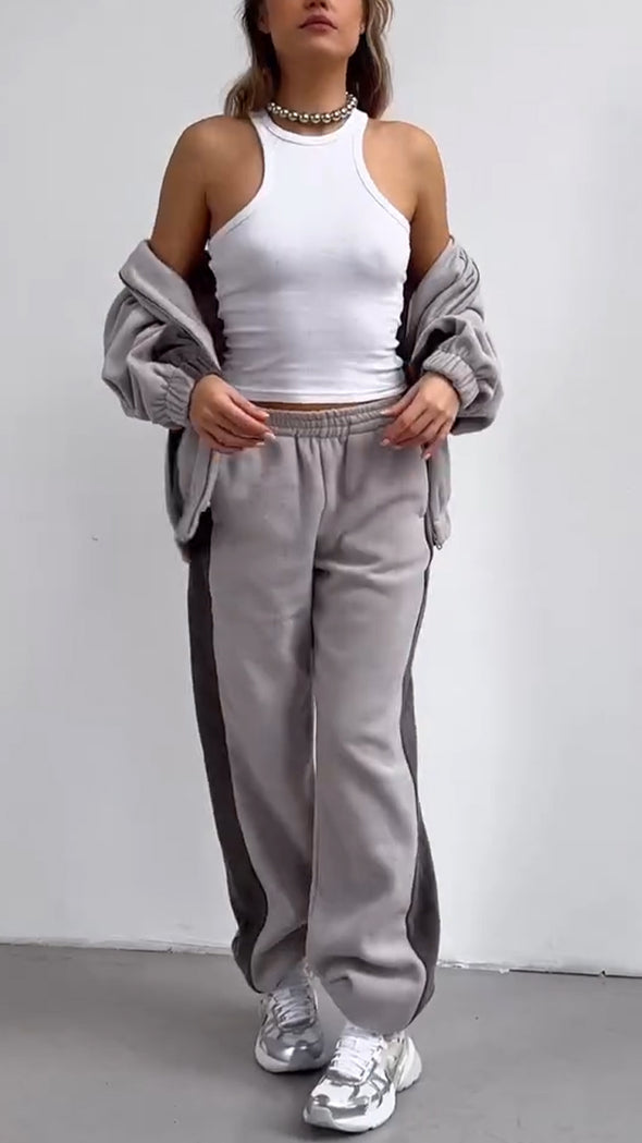 Women Stand Collar Zipper Contrasting Jacket + Pants Casual Set