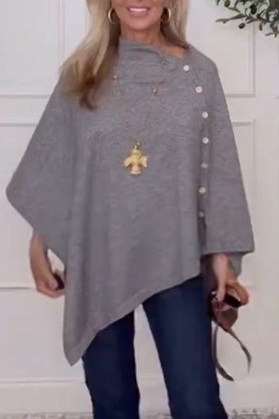 Women Round Neck Side Button Irregular Casual Top