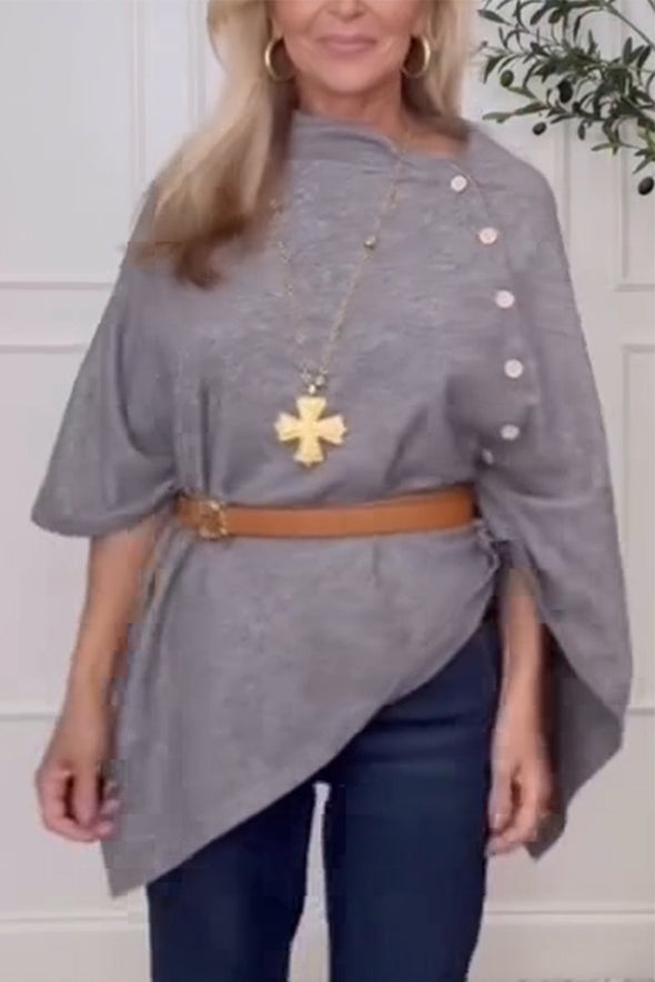 Women Round Neck Side Button Irregular Casual Top