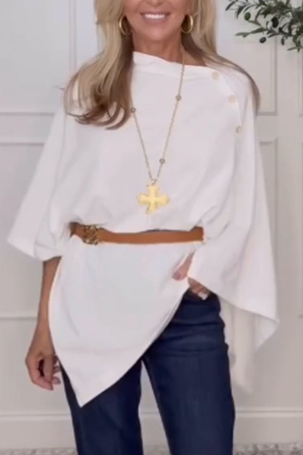 Women Round Neck Side Button Irregular Casual Top