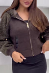 Women Casual Hooded Plush Paneled Knitted Jacket