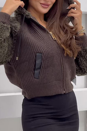 Women Casual Hooded Plush Paneled Knitted Jacket