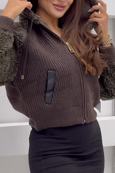 Women Casual Hooded Plush Paneled Knitted Jacket