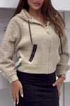 Women Casual Hooded Plush Paneled Knitted Jacket