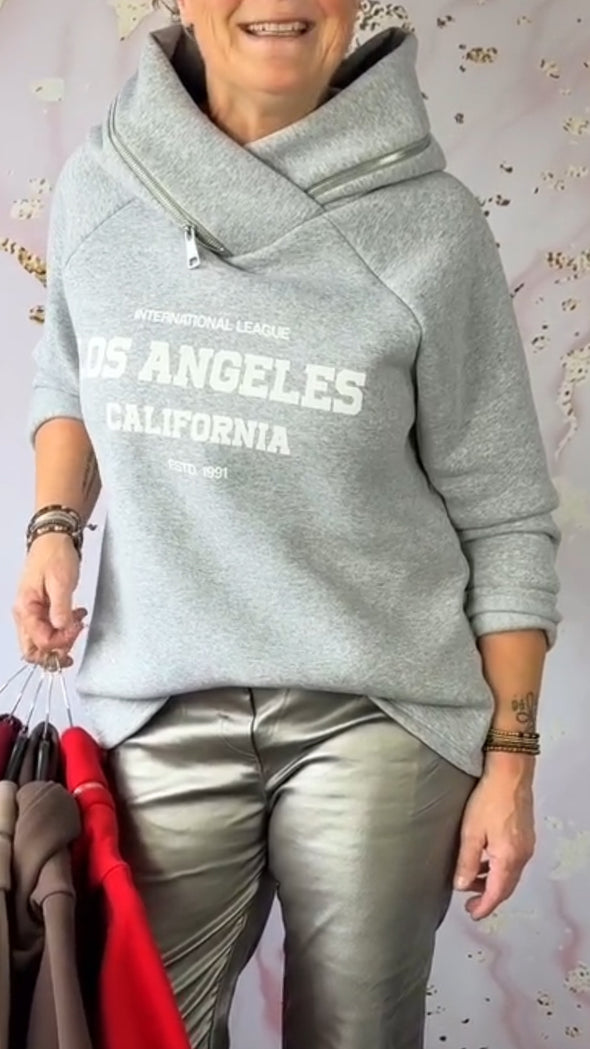 Women Turtleneck Zipper Printed Lettering Casual Sweatshirt