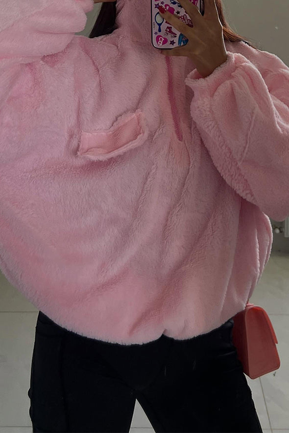 Women Casual Warm Zipper Stand Neck Plush Top