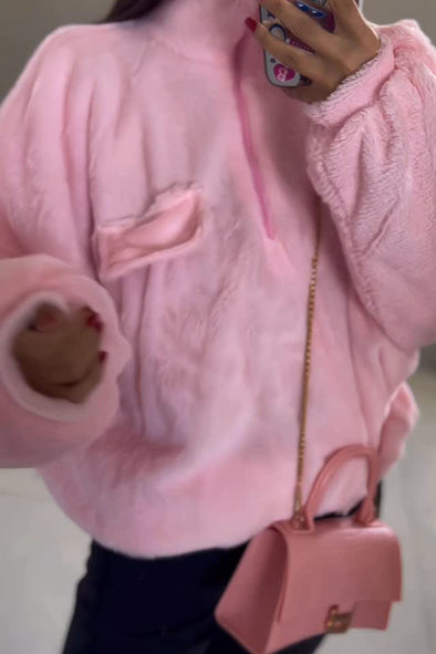 Women Casual Warm Zipper Stand Neck Plush Top