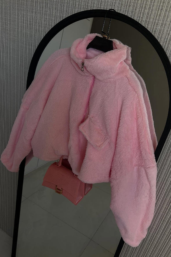 Women Casual Warm Zipper Stand Neck Plush Top