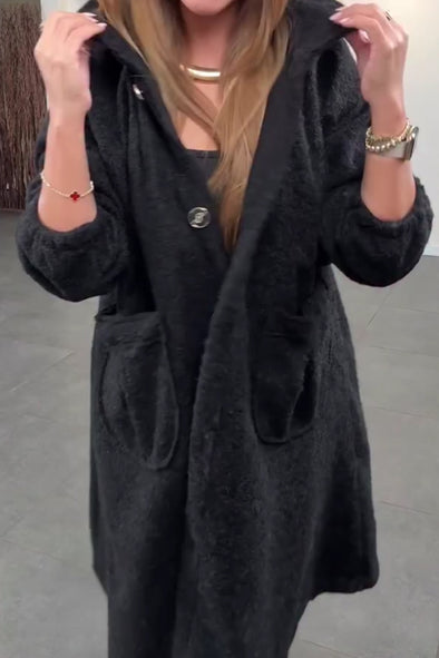 Women Casual Warm Lapel Button Plush Long Coat