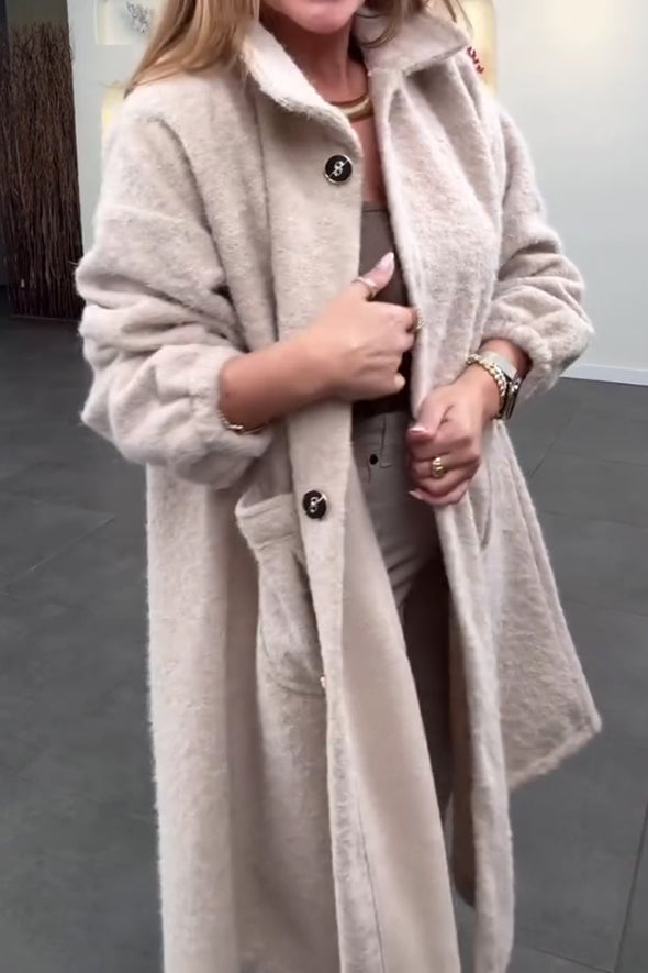 Women Casual Warm Lapel Button Plush Long Coat