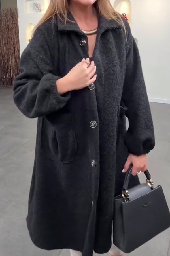 Women Casual Warm Lapel Button Plush Long Coat