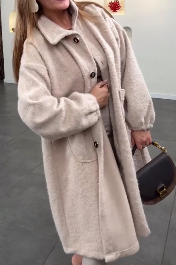 Women Casual Warm Lapel Button Plush Long Coat