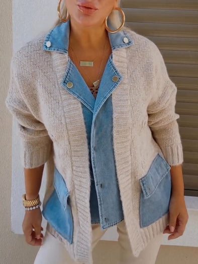 Women Lapel Knitted Patchwork Denim Casual Jacket
