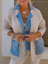 Women Lapel Knitted Patchwork Denim Casual Jacket