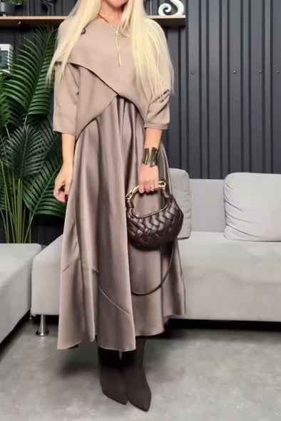 Women Casual Glossy Dress + Crossover Cape Coat Suit