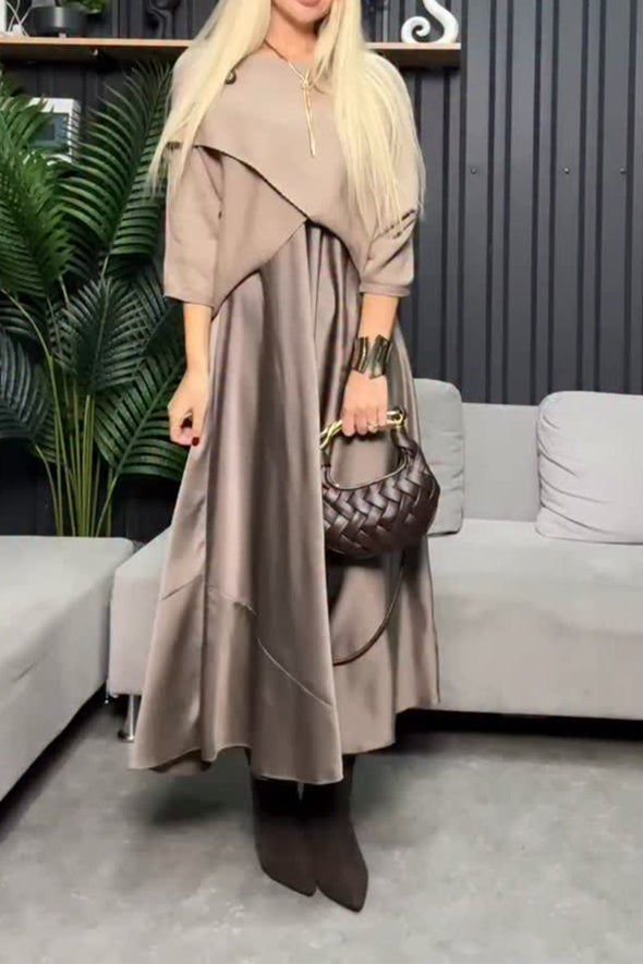 Women Casual Glossy Dress + Crossover Cape Coat Suit