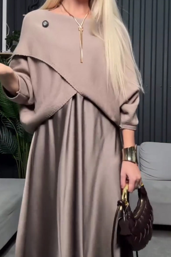 Women Casual Glossy Dress + Crossover Cape Coat Suit