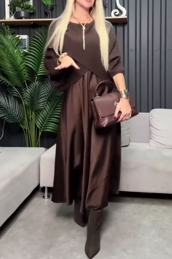 Women Casual Glossy Dress + Crossover Cape Coat Suit