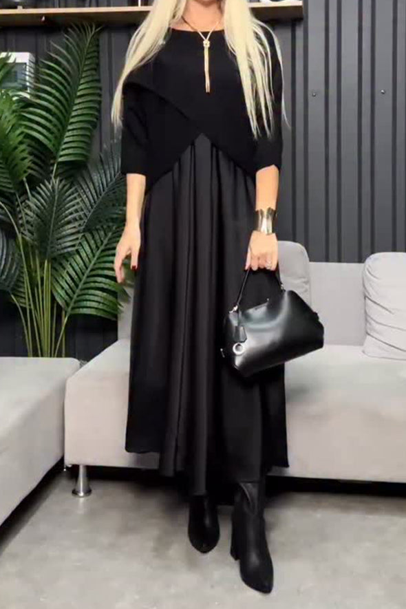 Women Casual Glossy Dress + Crossover Cape Coat Suit