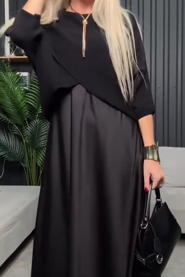 Women Casual Glossy Dress + Crossover Cape Coat Suit